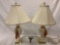 Pair of vintage ceramic gold-rimmed table lamps w/ shades, tested/working, AS IS