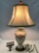 Vintage ceramic base table lamp w/ swan design, shade (shows wear), tested/working