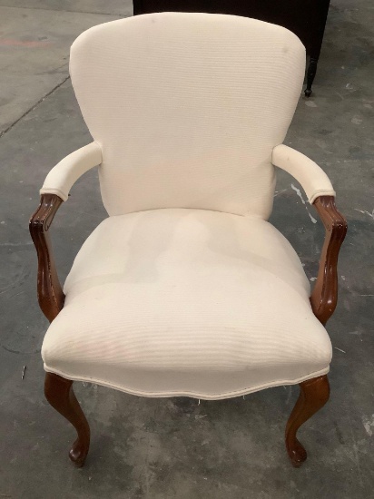 Vintage wood reupholstered armchair , shows wear, approx 24 x 26 x 33 in.