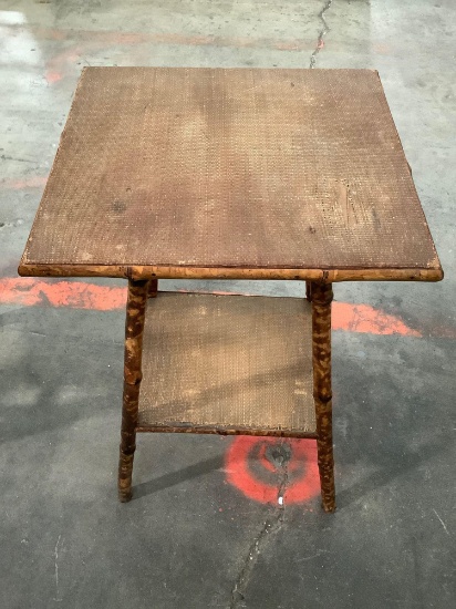 Vintage bamboo display table, approx 17 x 16 x 28 in. Shows wear.
