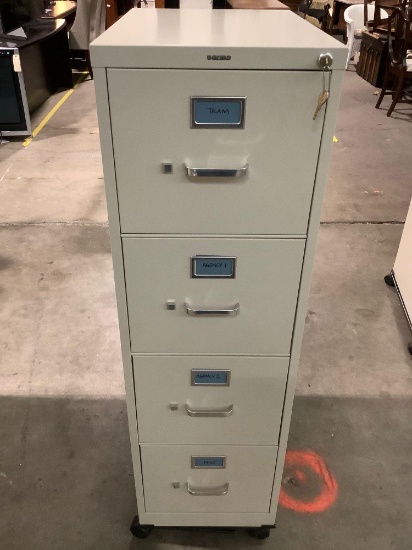 HON steel 4-drawer file locking cabinet w/ 2 keys, approx 15 x 22 x 51 in.