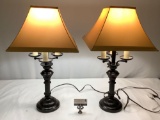 Pair of nice 4 bulb table lamps w/ shades, tested/working, approx 15 x 28 in.