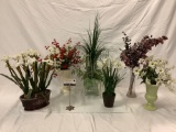 6 pc. lot of faux flower arrangements; vintage ceramic vase, Hall vase (cracked), approx 12 x 29 in.