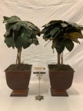 Pair of faux potted trees / plants home decor in rustic tin pots, approx 8 x 22 in.
