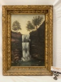 Antique framed original oil painting on board of a waterfall, approx 16.5 x 23 in.