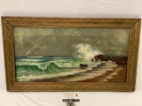 Antique framed original canvas oil painting of the coast by E.E.M., sold as is, see pics