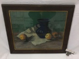 Framed vintage still life chalk drawing a fruit, vase and knife, approx 24 x 20 in.