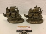 Pair of vintage brass mayflower ship bookends, approx 6 x 5 x 2 in. each.