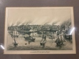 Framed vintage harbor art print A Glimpse of the Waterfront, approx 17 x 14 in.