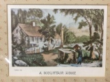 Framed vintage art print by Currier and Ives, a mountain home, approx 14.5 x 12.5 in.