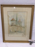Framed vintage Church of Saint Pierre, Geneva original watercolor artwork signed Evans 48