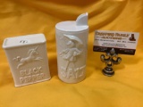 Vintage ceramic salt & pepper shakers w/ unicorn black pepper / Morton salt girl logo designs