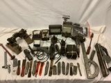Lot of vintage shop tools, blades, battery testers, Sold as is, see pics.