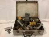 Vintage metal case filled w/ used electrical utility sockets/connectors, approx 15 x 10 x 5 in