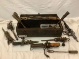 Vintage metal tool case with collection of vintage/antique soldering tools, approx. 22 x 7 x 8 in.
