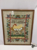 Vintage framed stitched folk art - Don?t Count Your Chickens Before They Are Hatched