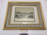 Framed 1873 art print - Falls of the Willamette, approx 18.5 x 15 in. Sold as is.