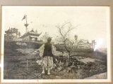 Vintage framed art print of Chinese farmers, approximately 19 x 15.5 in.