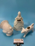 3 pc. lot of vintage ceramic woman / cow figure planters, turkey figurine, sold as is.