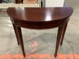 Modern wood crescent hall table, approx 38 x 19 x 30 in.