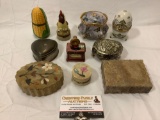 10 pc. lot of vintage ring jewelry boxes / keepsake boxes, stone, ceramic, metal, music box, sold as
