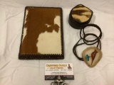 3 pc. lot; polished stone bird design bolo tie, cow hide organizer made in Argentina, see pics