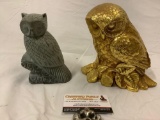 2 pc. lot of owl sculptures: stone bookend made in India, gold plastic owl, approx 7 x 7 in.