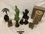 9 pc. lot of metal/resin/marble Asian sculpture decor, vintage candle, and more.