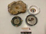 4 pc. lot of vintage ashtrays; stone, ceramic, Berlin, metal w/ inlay South American Sun Face design