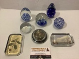 8 pc. lot of vintage glass paperweights; coffee, sailing ships, floral, blue spheres, egg shape