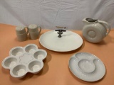 6 pc. lot of ceramic kitchen/ table pieces; Bosco-Ware shakers, Hall pitcher, French artichoke plate