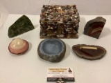 6 pc. lot of vintage polished cut stone paperweights, agate covered wood box, pen holder, shell box