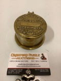 Vintage brass container: Metro Meter Co. Trident Water Meter New York, approx 3 x 2 in.
