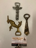 3 pc. lot of vintage metal collectible bottle openers; Canada totem pole, neck tie, mythical animal,