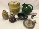 6 pc. lot of vintage stoneware ceramic home decor; cookie jar, pitcher, salad dressing jar,