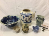 6 pc. lot of vintage stoneware ceramic home decor; pitcher w/ no handle, Mann bowl, Asian vase