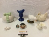 8 pc. lot of vintage ceramic porcelain bird/bunny/egg decor; Hosley Potters, Denmark birds, England,