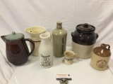7 pc. lot of vintage ceramic stoneware kitchen items; pitchers, Edgemar milk bottle, Tom & Jerry
