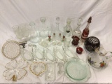 Lg. lot of vintage glass / crystal decanters, serving plates, cups, 4-leaf clover bowl, cut crystal