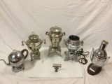 5 pc. lot of vintage teal electric coffee percolators, 1 w/ cord, plus mounted Icy Hot Bottle Co. ,