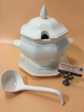 Vintage ceramic soup tureen w/ lid and ladle, made in Japan, approx 11 x 12 in.