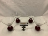 4 pc. lot of vintage glass high ball glasses w/ red ball shaped base, approx 5 x 5.5 in.