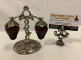Vintage silver plate /red glass strawberry shaped salt & pepper shakers w/ hanger stand