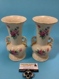 2 pc. set of vintage Spaulding China flower vases w/ floral design / gold rim