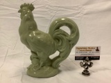 Vintage ceramic rooster sculpture w/ green glaze, approx 9 x 10 x 4 in. Nice!