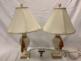 Pair of vintage ceramic gold-rimmed table lamps w/ shades, tested/working, AS IS