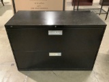 HON steel 2-drawer file cabinet, approx 42 x 20 x 28 in. Shows wear.