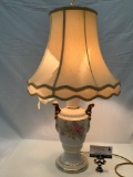 Vintage ceramic base table lamp w/ floral design, shade (shows wear), tested/working