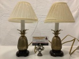 Pair of vintage brass pineapple base lamps w/ shades, wooden stands, tested/working, nice set.