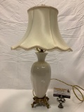 Vintage ceramic lamp w/ Edwards shade, ornate brass stand, tested/working.